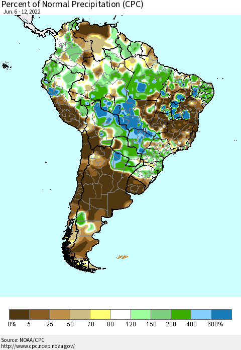 South America Percent of Normal Precipitation (CPC) Thematic Map For 6/6/2022 - 6/12/2022