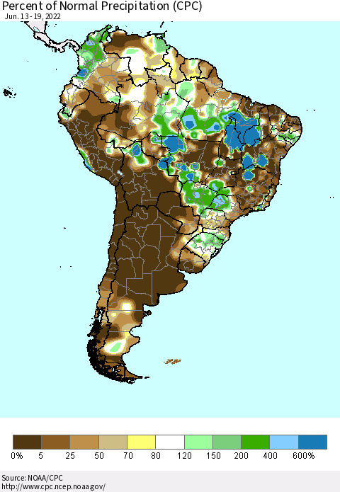 South America Percent of Normal Precipitation (CPC) Thematic Map For 6/13/2022 - 6/19/2022