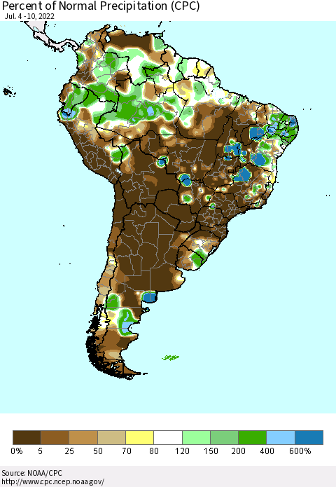 South America Percent of Normal Precipitation (CPC) Thematic Map For 7/4/2022 - 7/10/2022