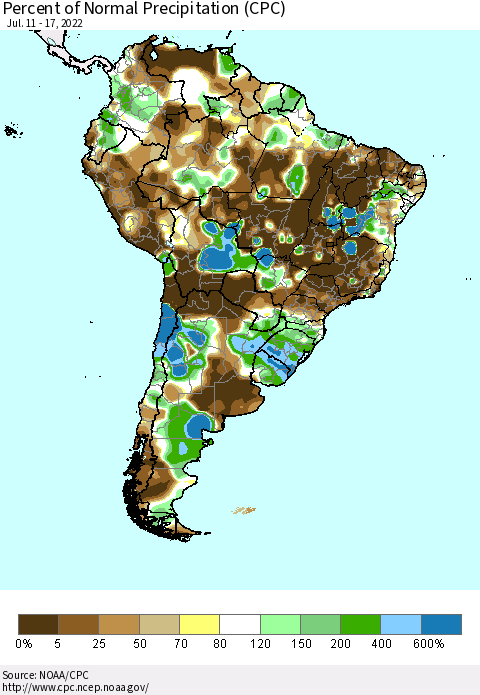 South America Percent of Normal Precipitation (CPC) Thematic Map For 7/11/2022 - 7/17/2022