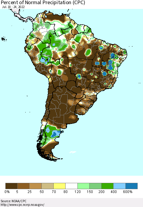 South America Percent of Normal Precipitation (CPC) Thematic Map For 7/18/2022 - 7/24/2022