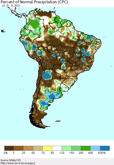 South America Percent of Normal Precipitation (CPC) Thematic Map For 7/25/2022 - 7/31/2022