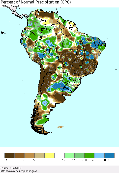 South America Percent of Normal Precipitation (CPC) Thematic Map For 8/1/2022 - 8/7/2022