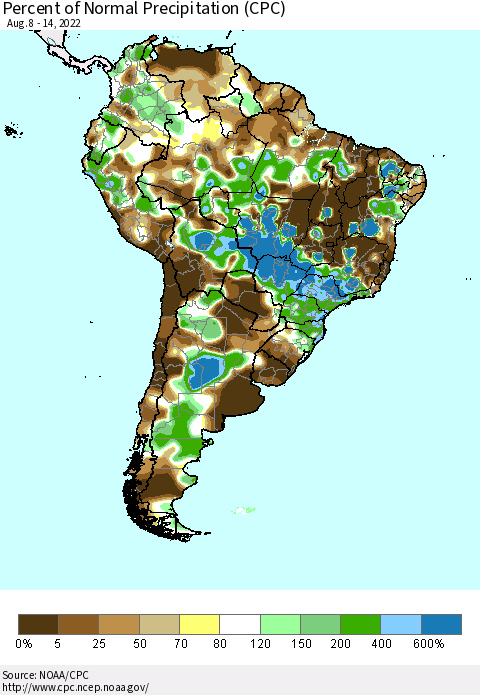 South America Percent of Normal Precipitation (CPC) Thematic Map For 8/8/2022 - 8/14/2022