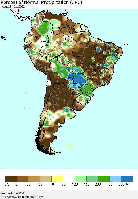 South America Percent of Normal Precipitation (CPC) Thematic Map For 8/15/2022 - 8/21/2022