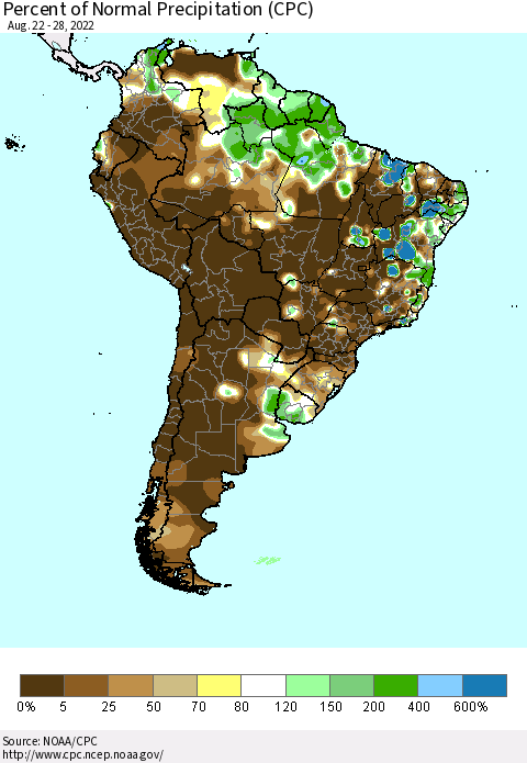 South America Percent of Normal Precipitation (CPC) Thematic Map For 8/22/2022 - 8/28/2022