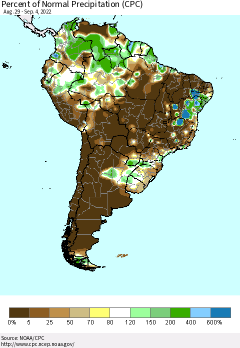 South America Percent of Normal Precipitation (CPC) Thematic Map For 8/29/2022 - 9/4/2022