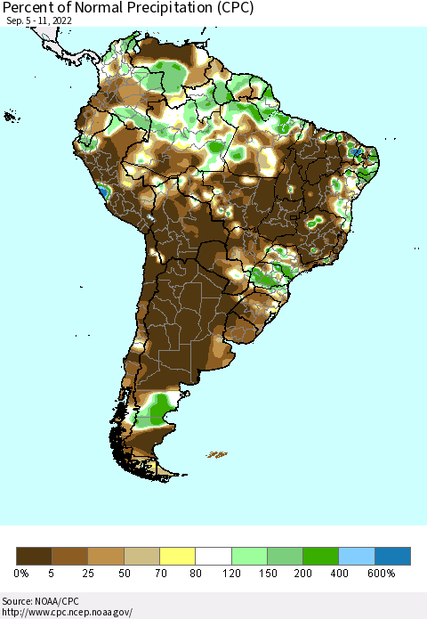South America Percent of Normal Precipitation (CPC) Thematic Map For 9/5/2022 - 9/11/2022
