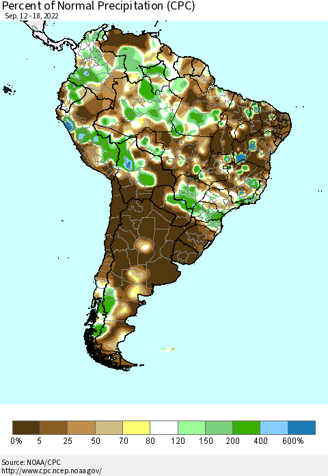 South America Percent of Normal Precipitation (CPC) Thematic Map For 9/12/2022 - 9/18/2022