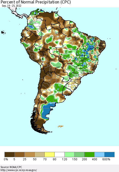 South America Percent of Normal Precipitation (CPC) Thematic Map For 9/19/2022 - 9/25/2022