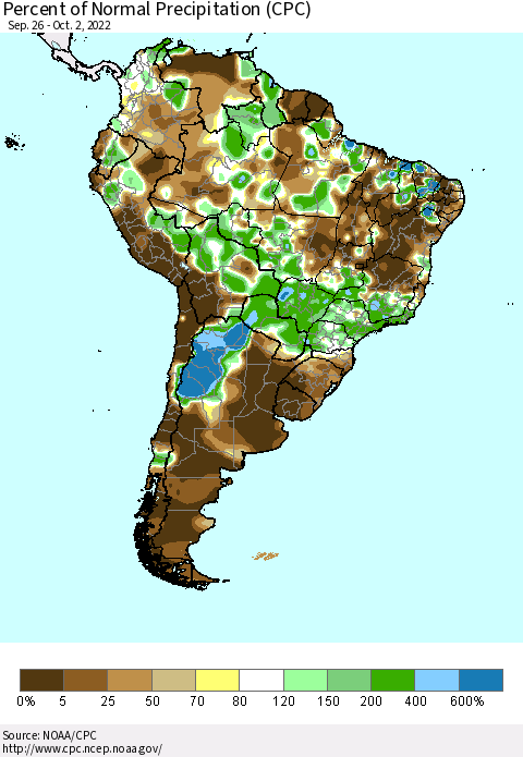 South America Percent of Normal Precipitation (CPC) Thematic Map For 9/26/2022 - 10/2/2022