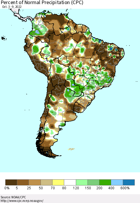 South America Percent of Normal Precipitation (CPC) Thematic Map For 10/3/2022 - 10/9/2022