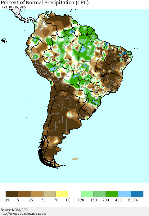 South America Percent of Normal Precipitation (CPC) Thematic Map For 10/10/2022 - 10/16/2022