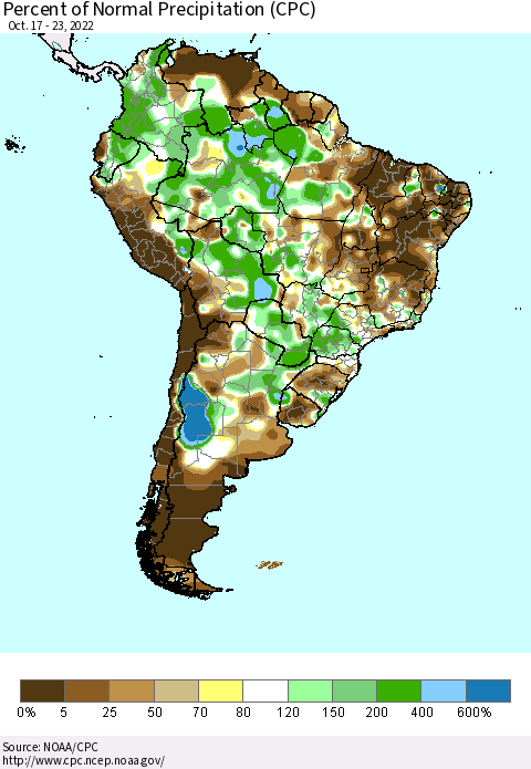 South America Percent of Normal Precipitation (CPC) Thematic Map For 10/17/2022 - 10/23/2022