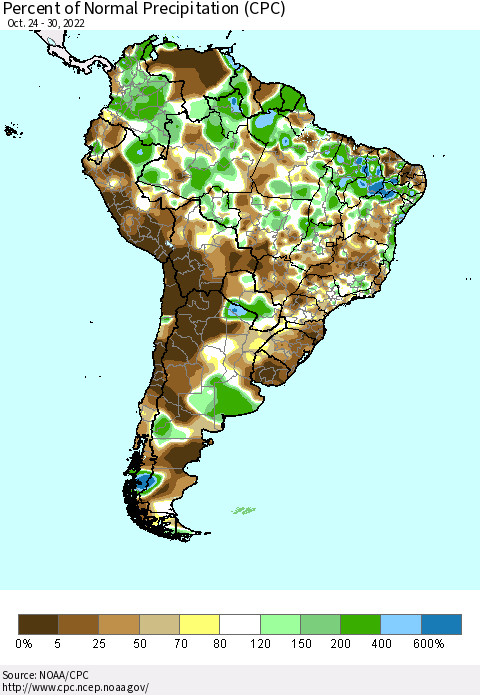 South America Percent of Normal Precipitation (CPC) Thematic Map For 10/24/2022 - 10/30/2022