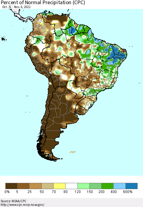 South America Percent of Normal Precipitation (CPC) Thematic Map For 10/31/2022 - 11/6/2022