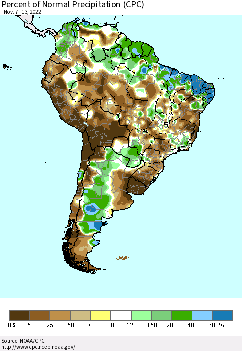South America Percent of Normal Precipitation (CPC) Thematic Map For 11/7/2022 - 11/13/2022