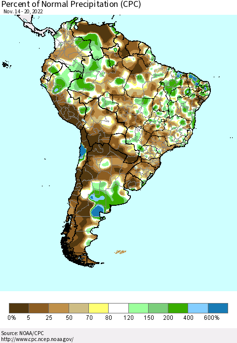 South America Percent of Normal Precipitation (CPC) Thematic Map For 11/14/2022 - 11/20/2022