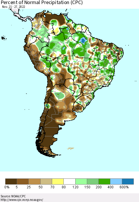South America Percent of Normal Precipitation (CPC) Thematic Map For 11/21/2022 - 11/27/2022