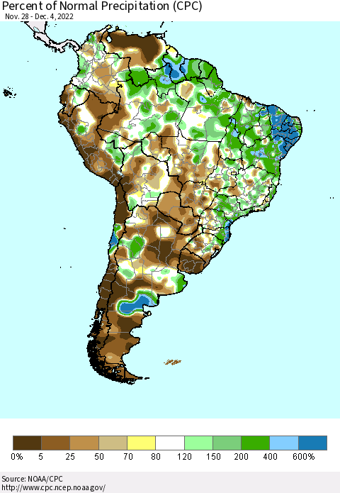 South America Percent of Normal Precipitation (CPC) Thematic Map For 11/28/2022 - 12/4/2022