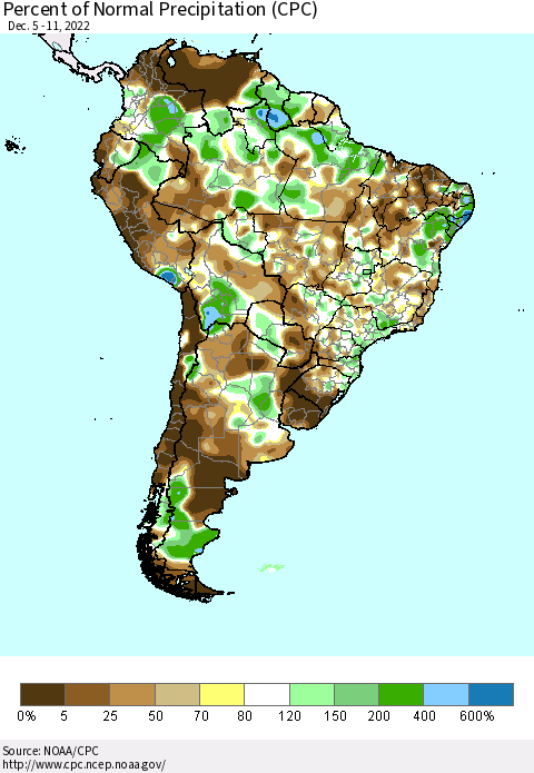 South America Percent of Normal Precipitation (CPC) Thematic Map For 12/5/2022 - 12/11/2022
