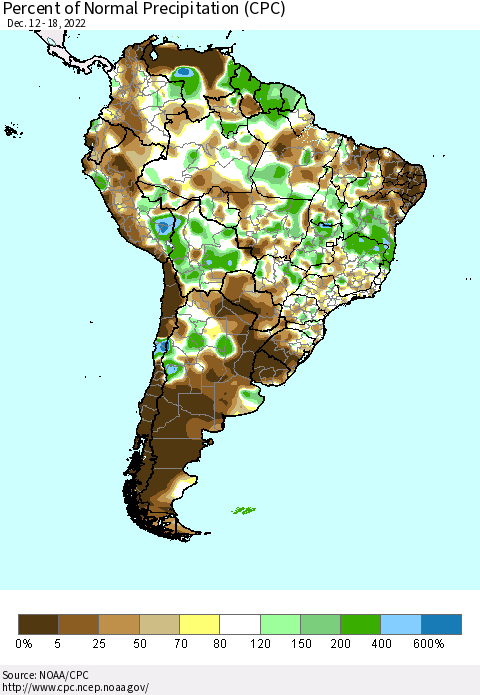 South America Percent of Normal Precipitation (CPC) Thematic Map For 12/12/2022 - 12/18/2022