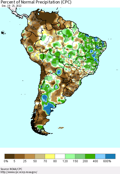 South America Percent of Normal Precipitation (CPC) Thematic Map For 12/19/2022 - 12/25/2022