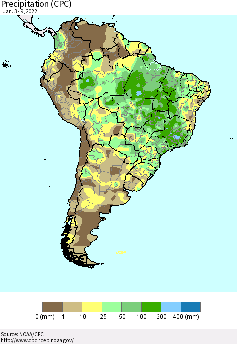 South America Precipitation (CPC) Thematic Map For 1/3/2022 - 1/9/2022