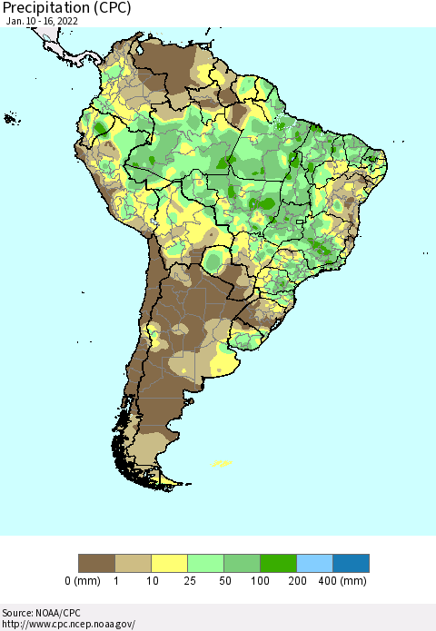 South America Precipitation (CPC) Thematic Map For 1/10/2022 - 1/16/2022