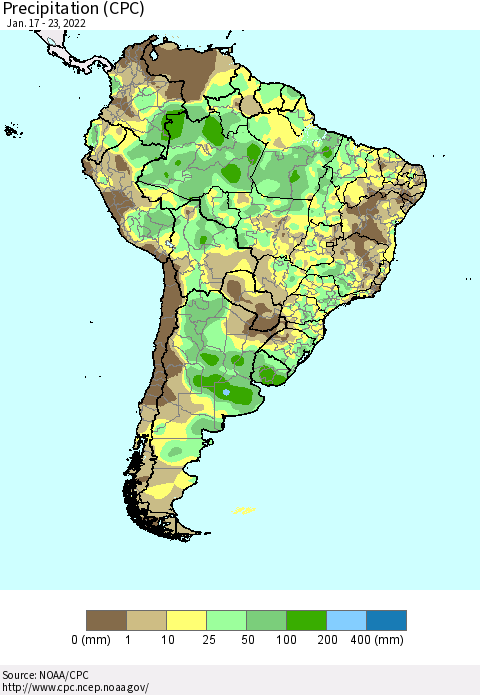 South America Precipitation (CPC) Thematic Map For 1/17/2022 - 1/23/2022