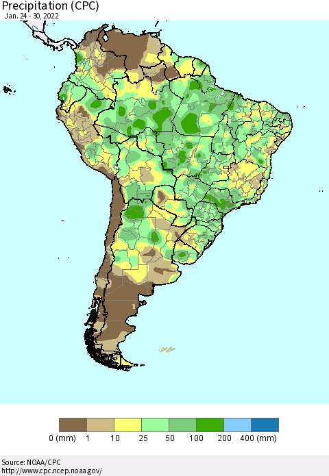 South America Precipitation (CPC) Thematic Map For 1/24/2022 - 1/30/2022