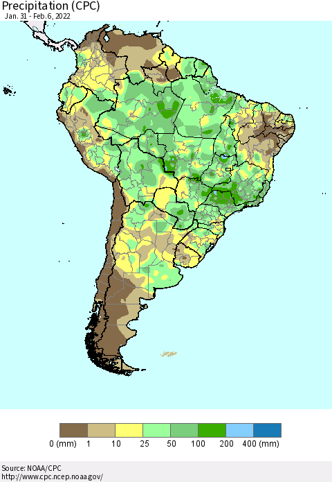 South America Precipitation (CPC) Thematic Map For 1/31/2022 - 2/6/2022