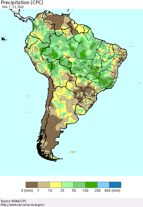 South America Precipitation (CPC) Thematic Map For 2/7/2022 - 2/13/2022