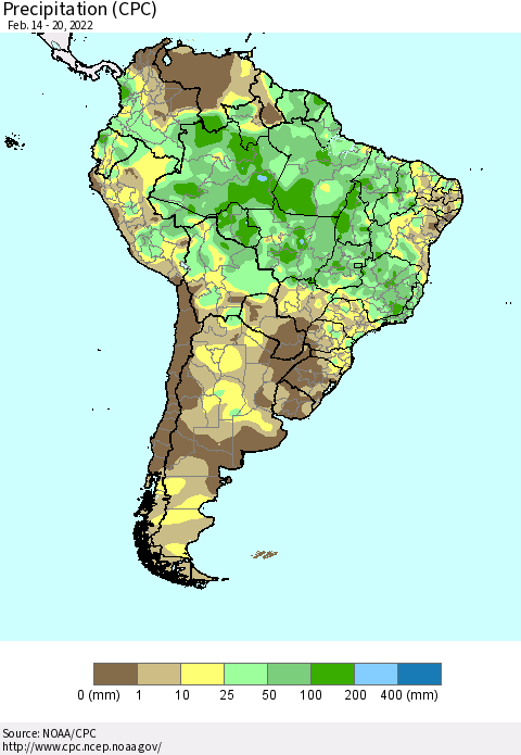 South America Precipitation (CPC) Thematic Map For 2/14/2022 - 2/20/2022