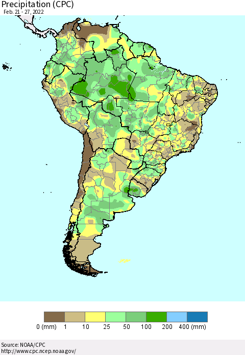 South America Precipitation (CPC) Thematic Map For 2/21/2022 - 2/27/2022