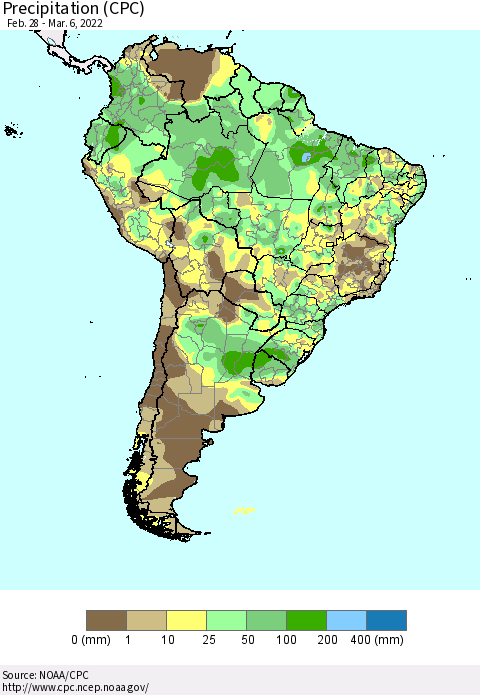 South America Precipitation (CPC) Thematic Map For 2/28/2022 - 3/6/2022