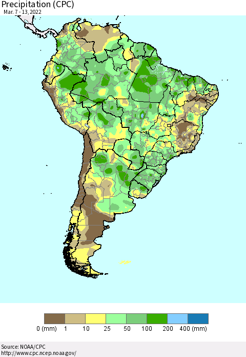 South America Precipitation (CPC) Thematic Map For 3/7/2022 - 3/13/2022