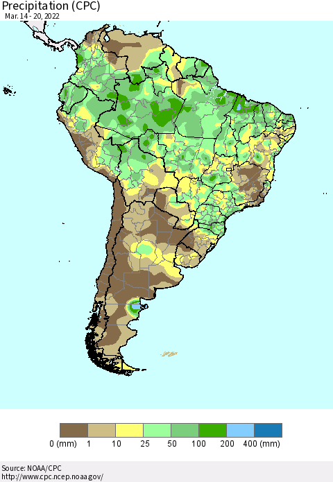 South America Precipitation (CPC) Thematic Map For 3/14/2022 - 3/20/2022