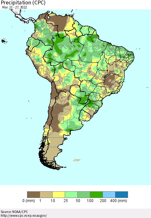 South America Precipitation (CPC) Thematic Map For 3/21/2022 - 3/27/2022