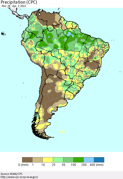 South America Precipitation (CPC) Thematic Map For 3/28/2022 - 4/3/2022