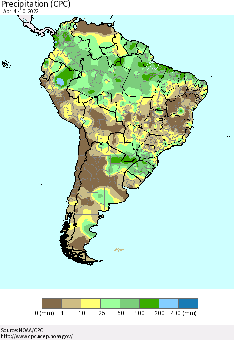 South America Precipitation (CPC) Thematic Map For 4/4/2022 - 4/10/2022
