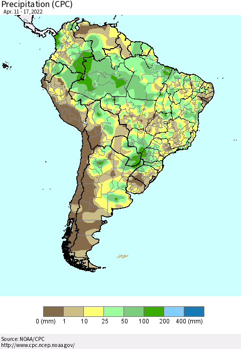 South America Precipitation (CPC) Thematic Map For 4/11/2022 - 4/17/2022