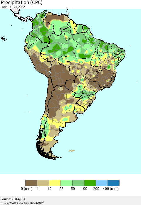 South America Precipitation (CPC) Thematic Map For 4/18/2022 - 4/24/2022