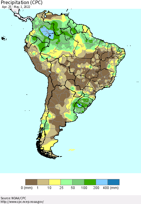 South America Precipitation (CPC) Thematic Map For 4/25/2022 - 5/1/2022