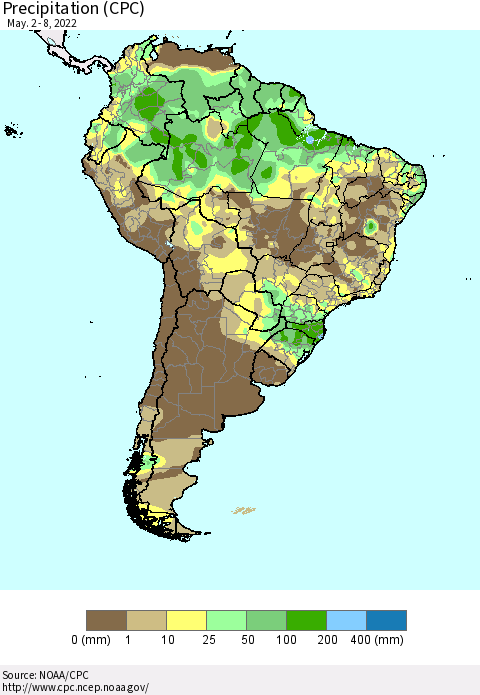 South America Precipitation (CPC) Thematic Map For 5/2/2022 - 5/8/2022