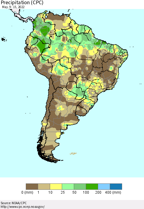 South America Precipitation (CPC) Thematic Map For 5/9/2022 - 5/15/2022