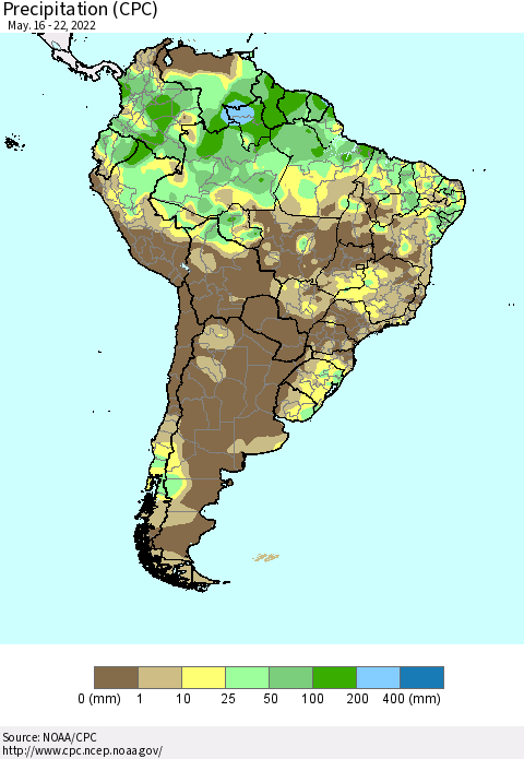 South America Precipitation (CPC) Thematic Map For 5/16/2022 - 5/22/2022