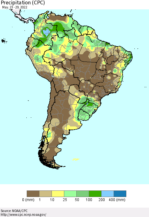 South America Precipitation (CPC) Thematic Map For 5/23/2022 - 5/29/2022