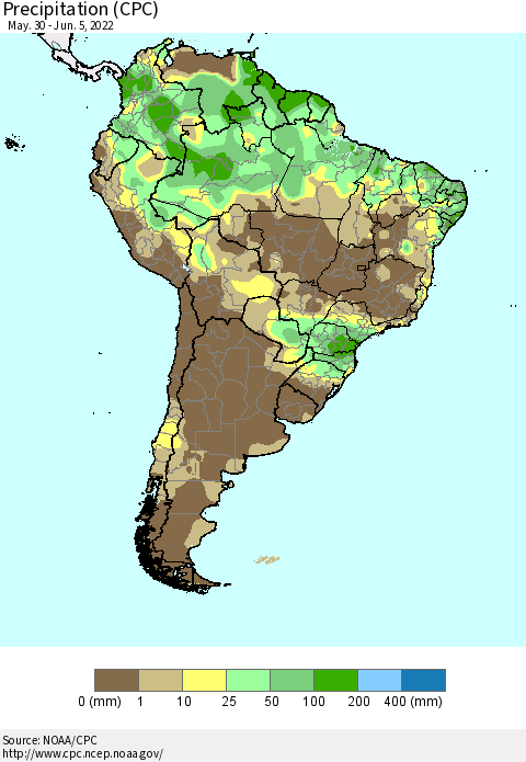 South America Precipitation (CPC) Thematic Map For 5/30/2022 - 6/5/2022