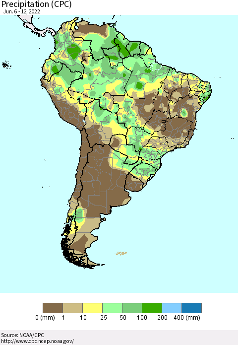 South America Precipitation (CPC) Thematic Map For 6/6/2022 - 6/12/2022